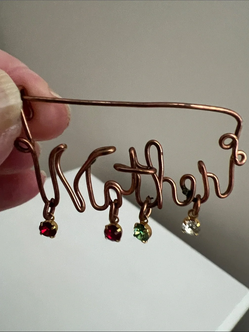 Vintage Copper 'Mother' Wire Brooch Pin with Colored Crystal Drops